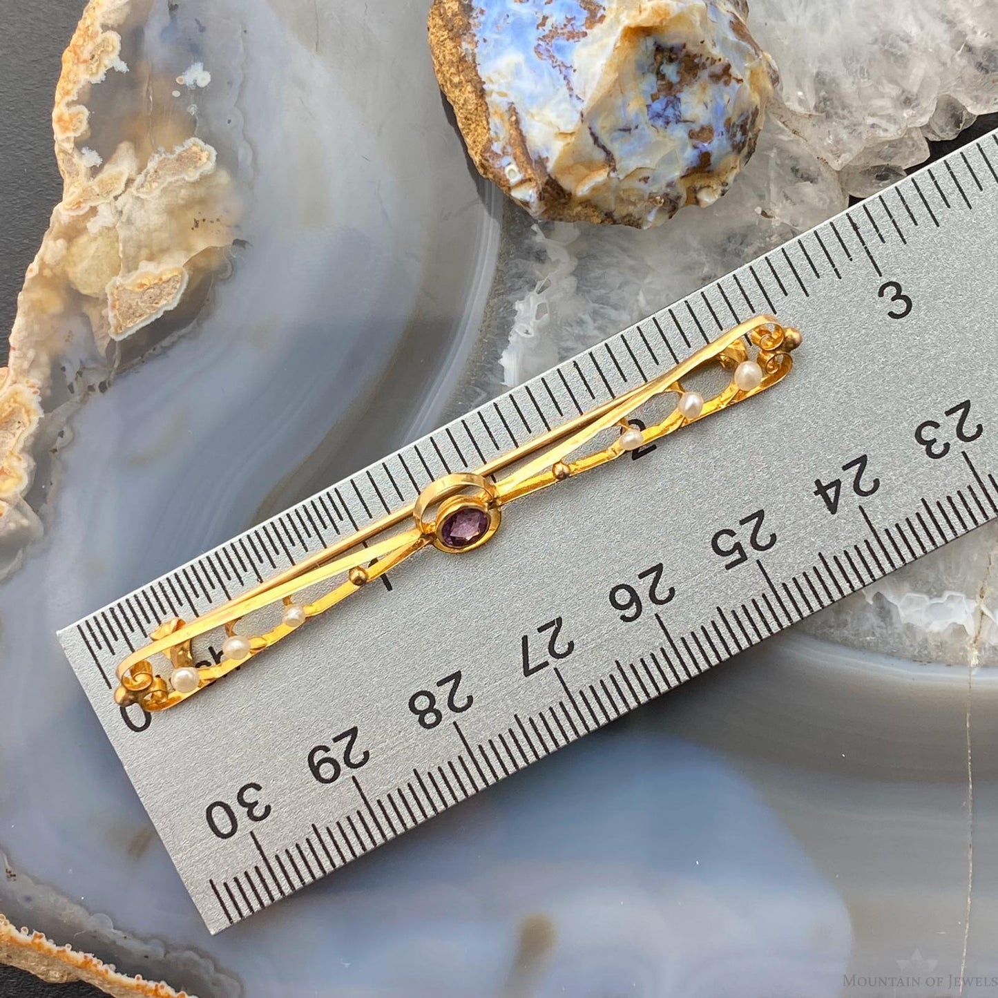 10K Yellow Gold Pearls and Amethyst Dainty Brooch For Women