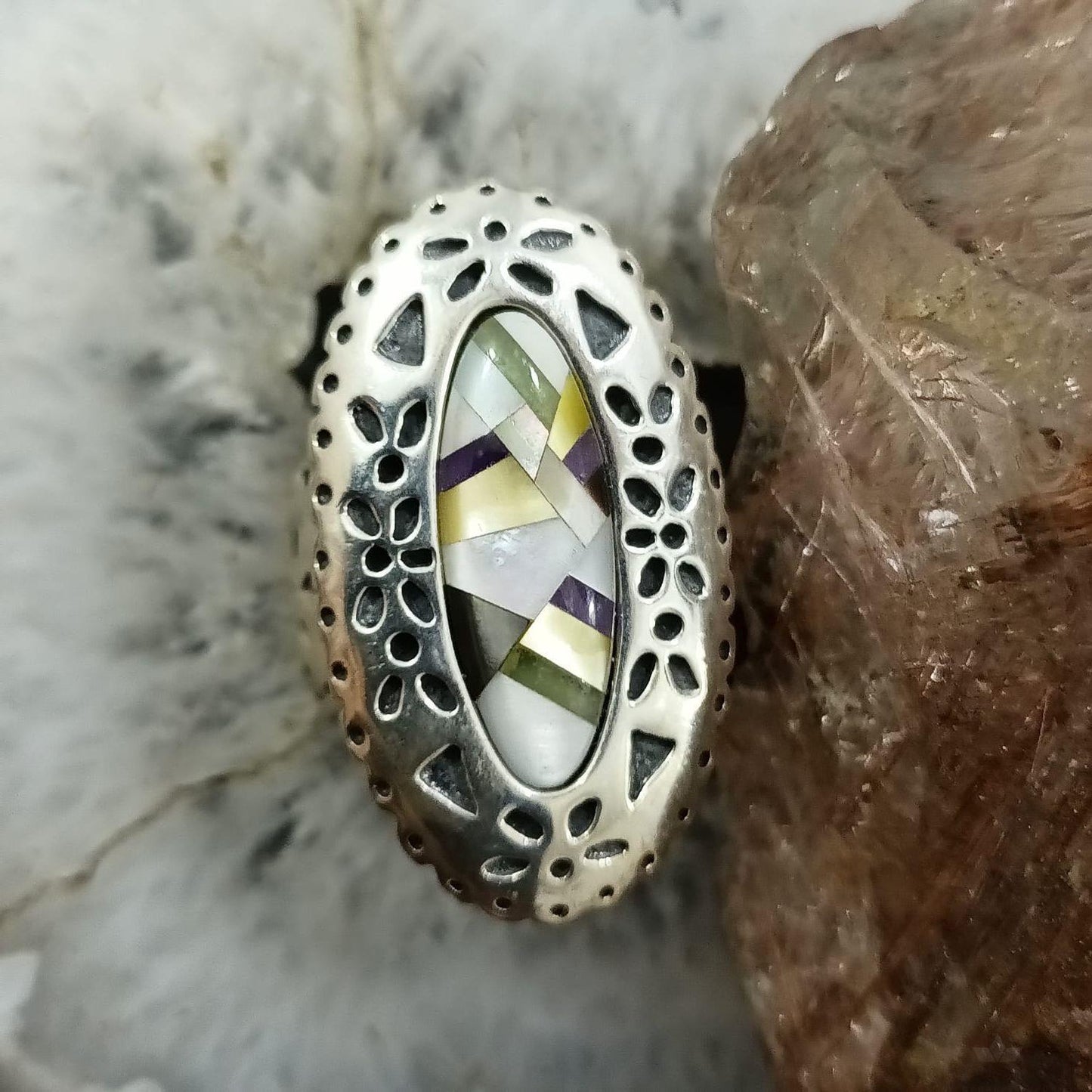 Carolyn Pollack Sterling Silver Elongated Oval Multi Stone Inlay Ring Size 6 For Women