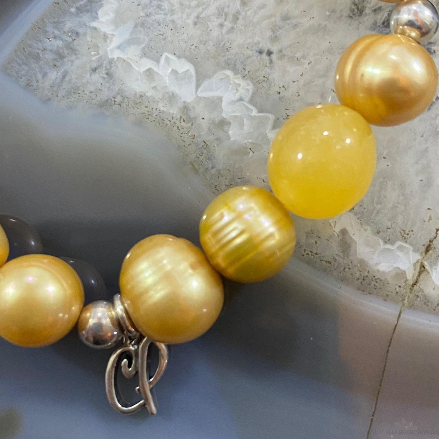 Carolyn Pollack Sterling Silver Yellow Jade & Pearl Bead Stretch Bracelet For Women
