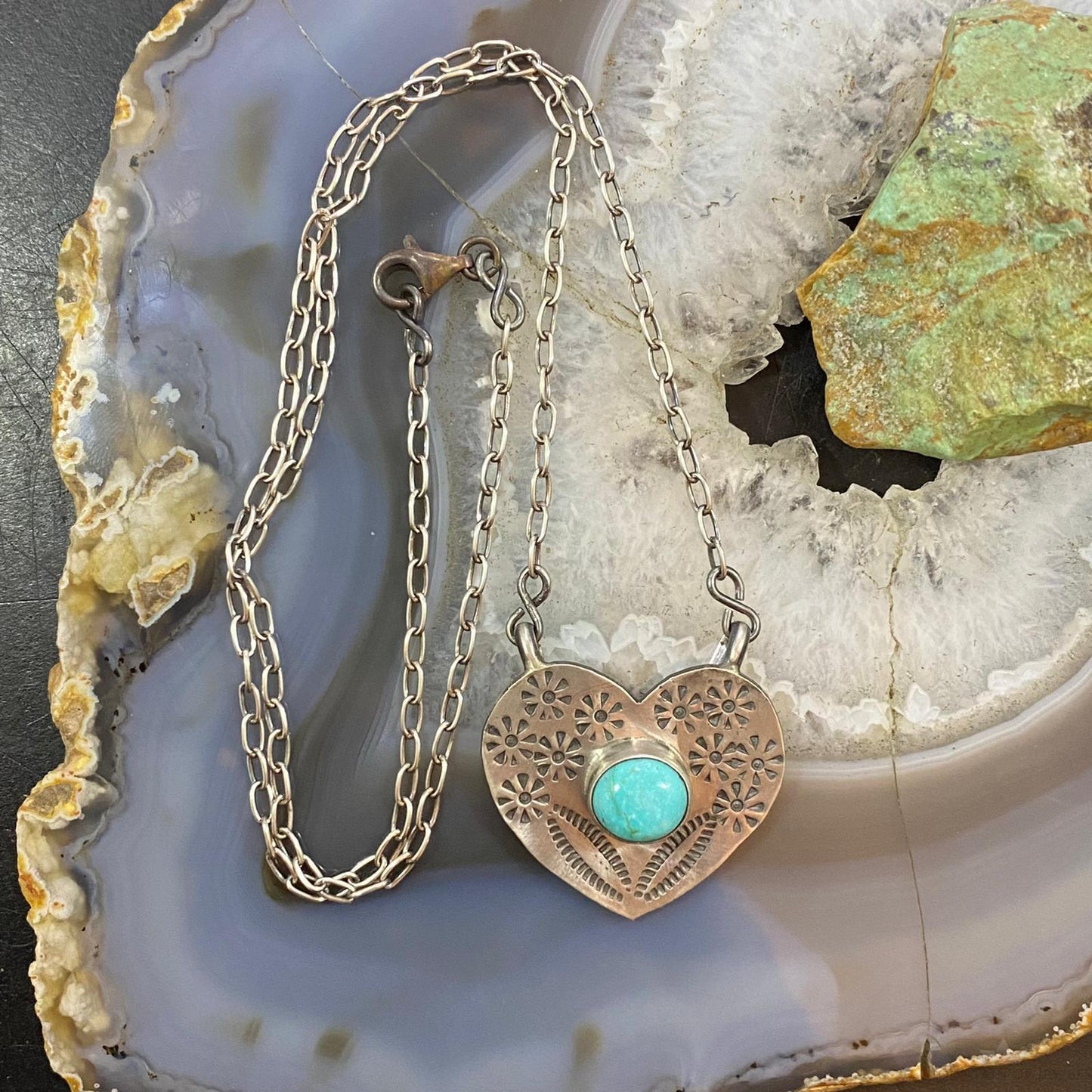 Marie Tsosie Native American Sterling Silver Oval Kingman Turquoise Stamped Heart Necklace For Women