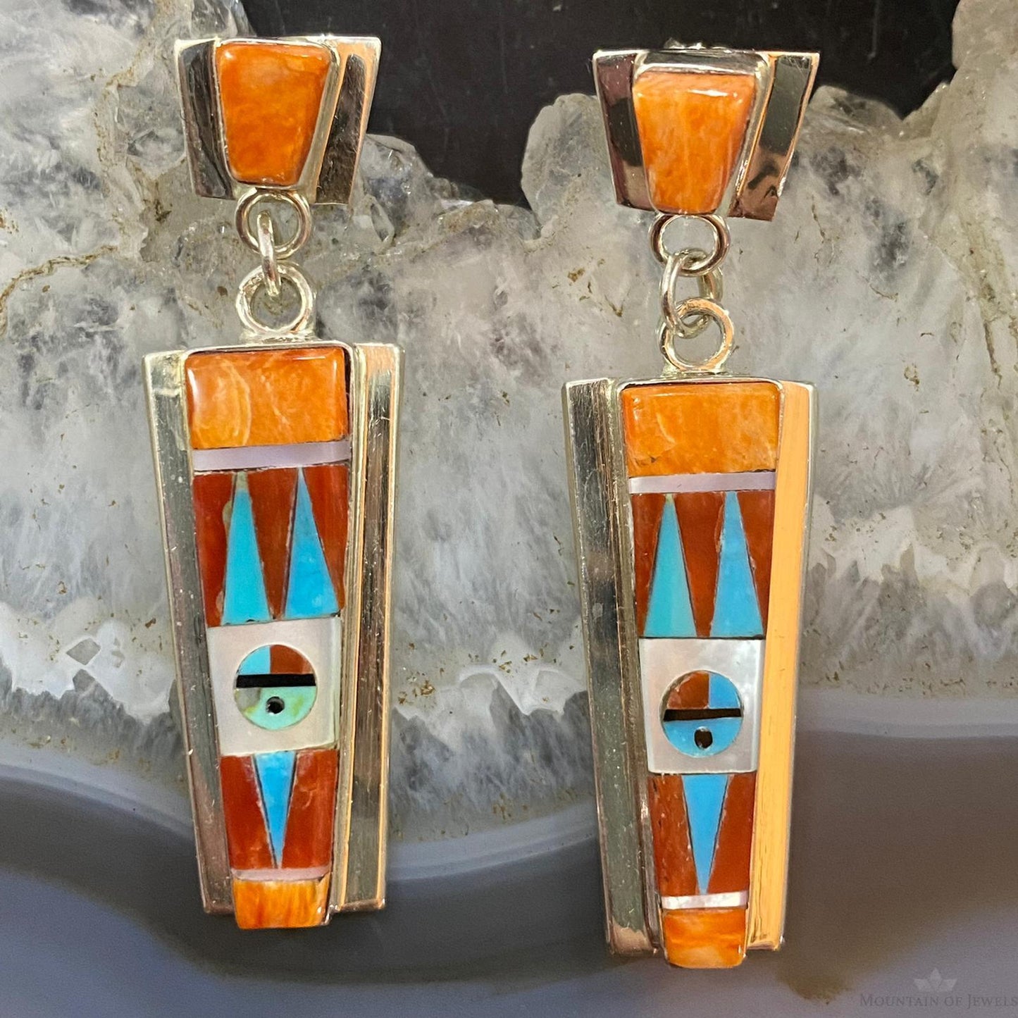 Raylan & Patty Edaakie Zuni Sterling Silver Multi Stone Inlay Dangle Earrings For Women #1