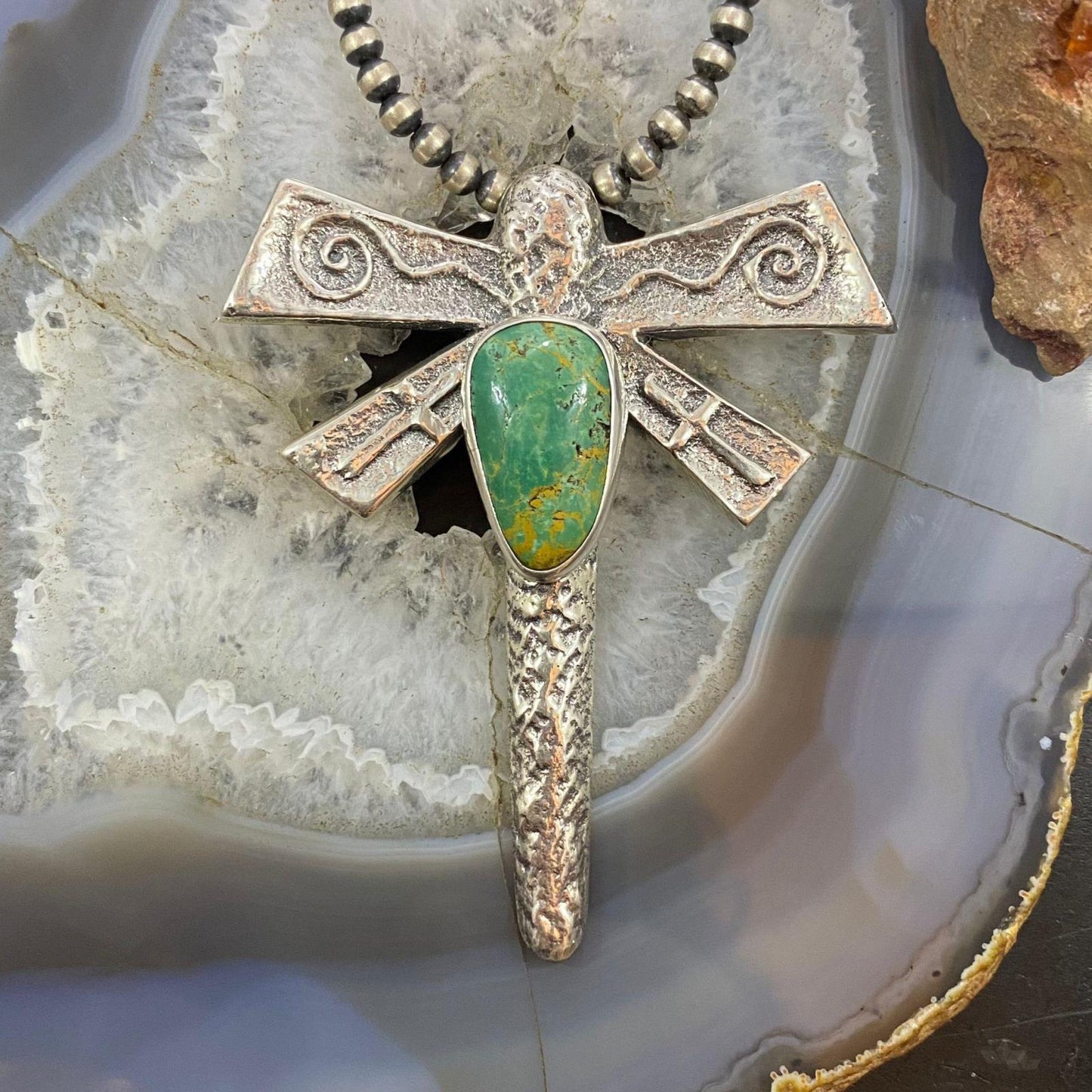 Gary Custer Navajo Sterling Silver Tufa Cast Dragonfly Royston Turquoise Unisex Pendant