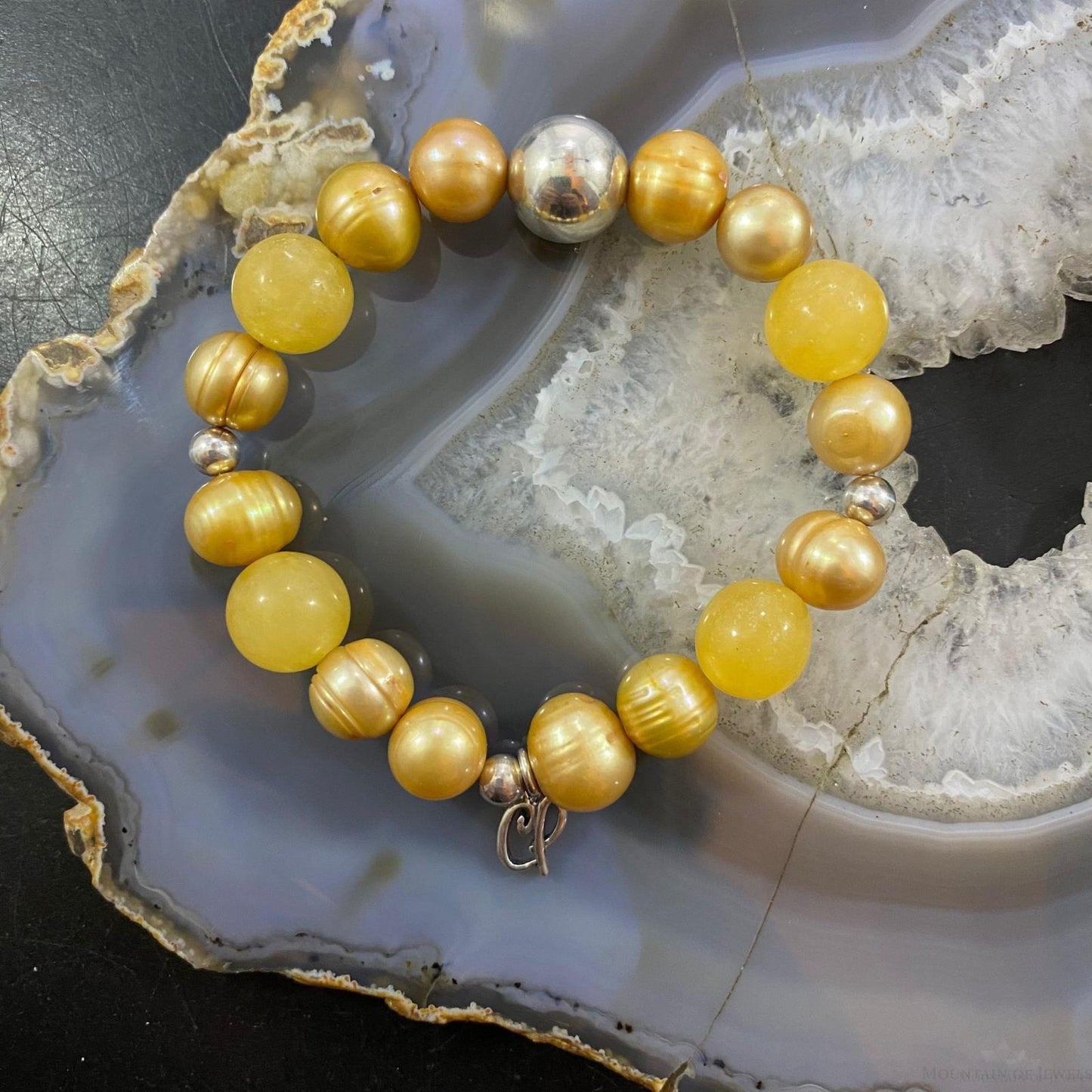 Carolyn Pollack Sterling Silver Yellow Jade & Pearl Bead Stretch Bracelet For Women