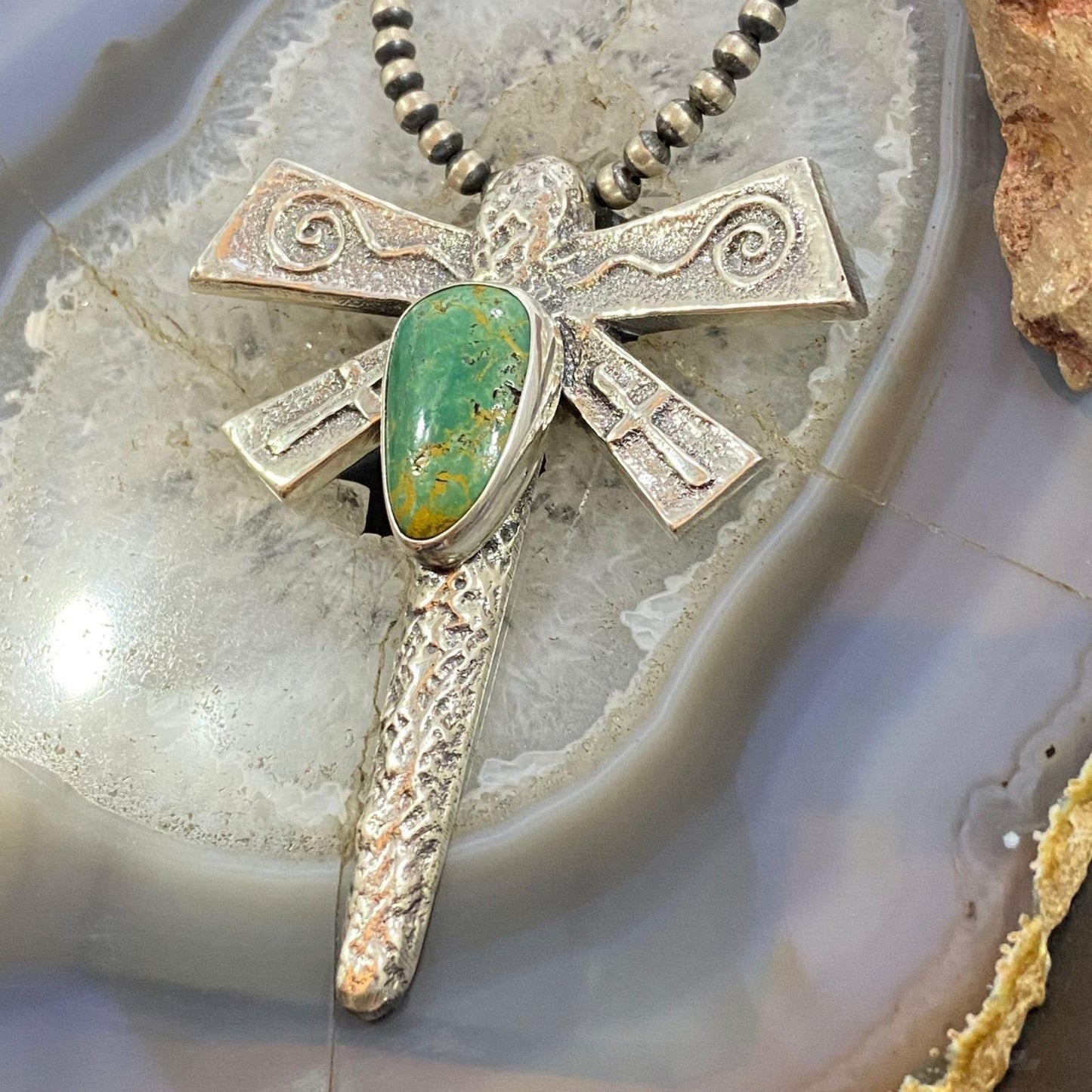 Gary Custer Navajo Sterling Silver Tufa Cast Dragonfly Royston Turquoise Unisex Pendant