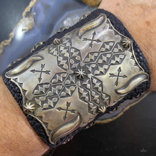 Vintage Native American Silver Stamped Ketoh Bow Guard Bracelet For Men