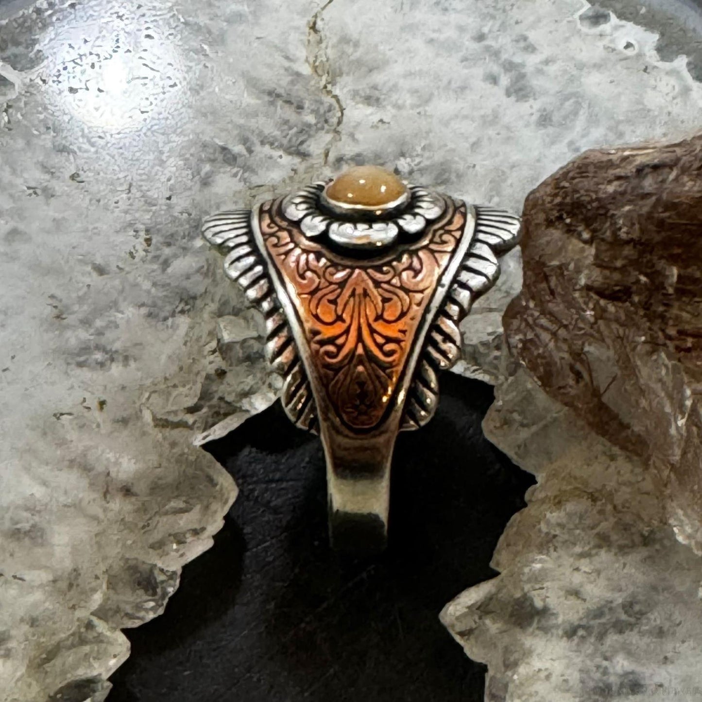 Carolyn Pollack Sterling Silver & Copper Round Citrine Decorated Ring For Women