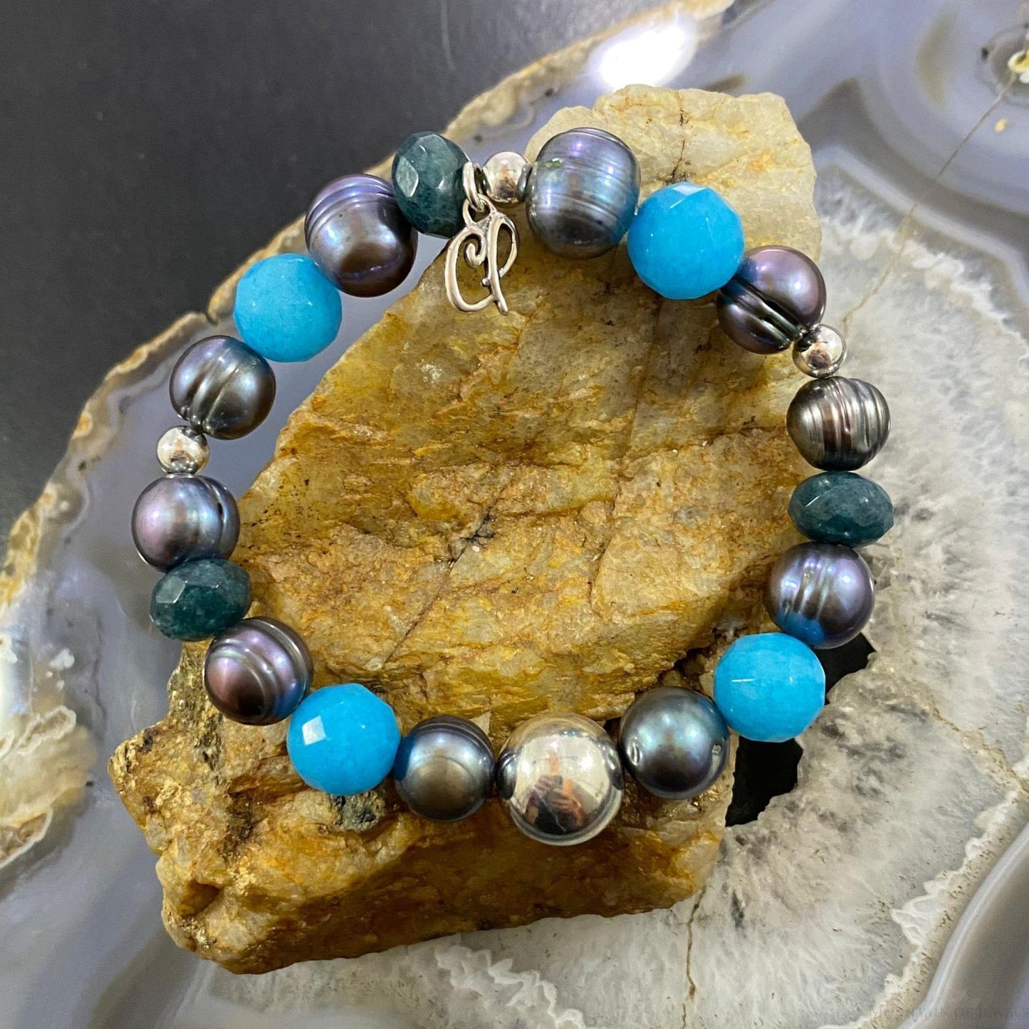 Carolyn Pollack Vintage Sterling Silver Multi Gemstone Ocean Tones Stretch Bracelet