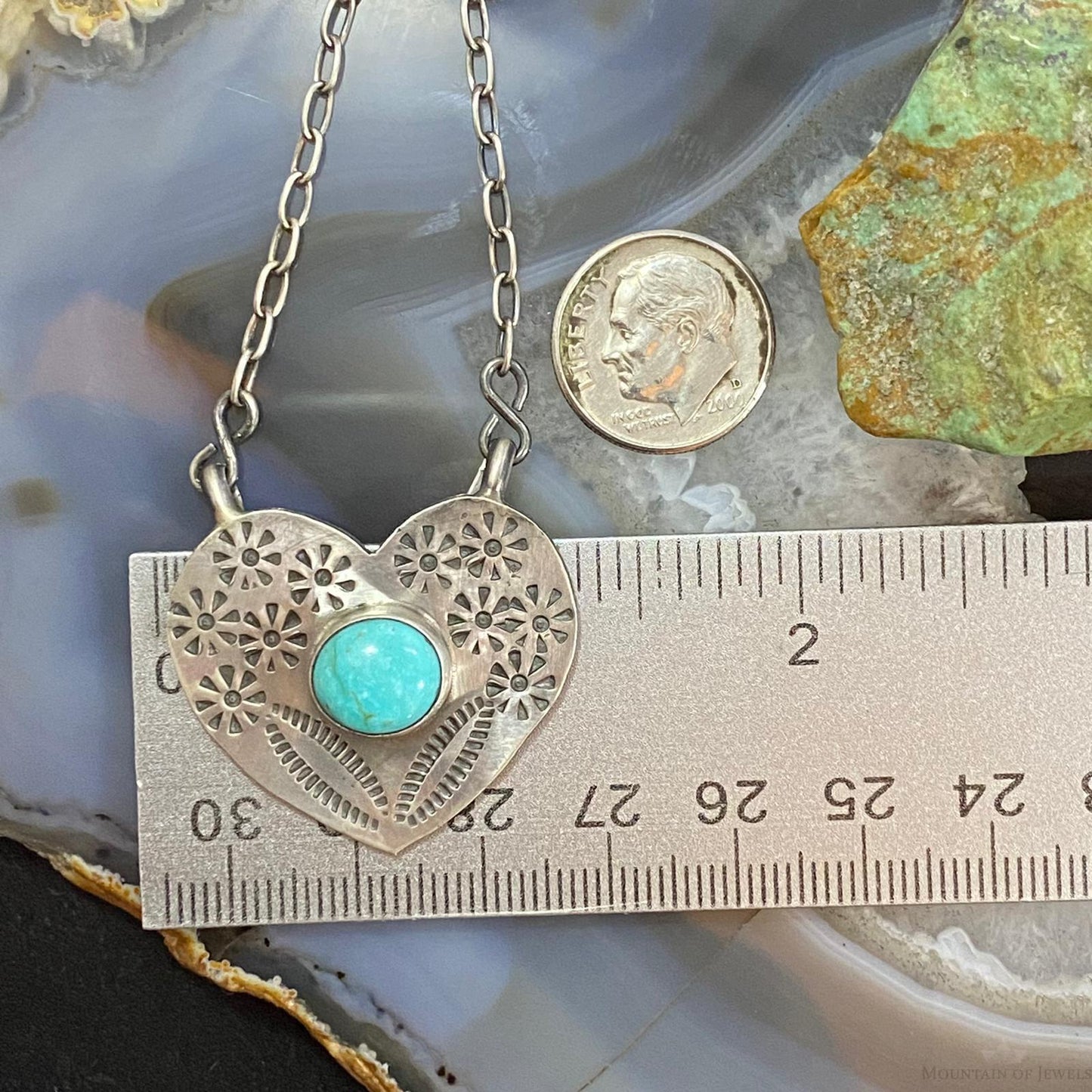 Marie Tsosie Native American Sterling Silver Oval Kingman Turquoise Stamped Heart Necklace For Women