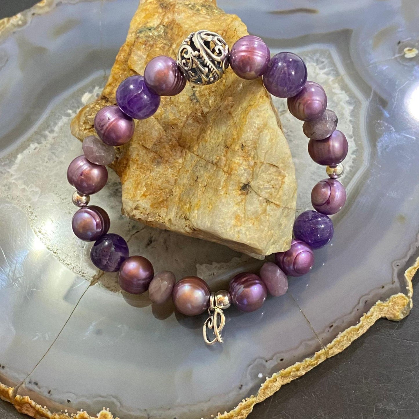Carolyn Pollack Sterling Silver Freshwater Pearl & Amethyst, Jade Stretch Bracelet For Women
