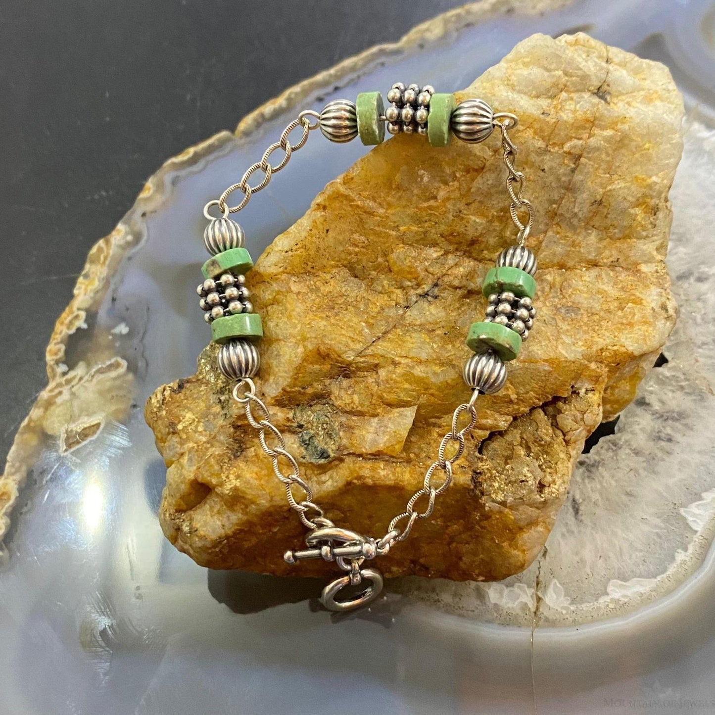 Carolyn Pollack Sterling Silver Green Turquoise Disc Bead Decorated Link Bracelet For Women