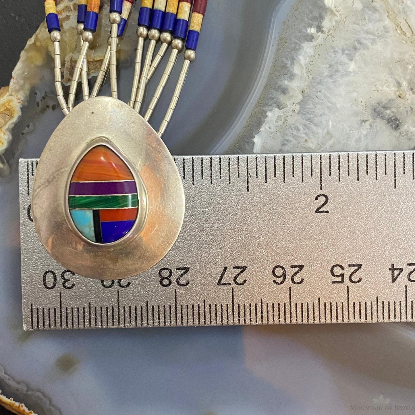 Vintage Native American Sterling Silver Liquid Silver, Multi Beads & Inlay Pendant Necklace
