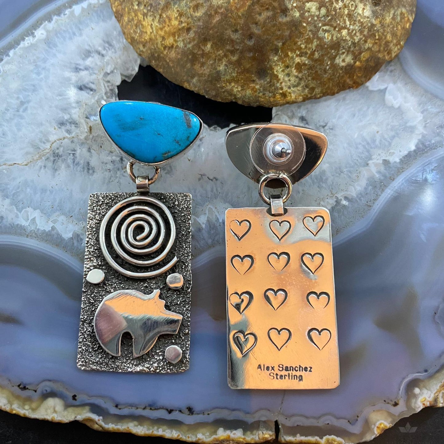 Alex Sanchez Native American Sterling Silver Turquoise Petroglyph Dangle Earrings For Women #1