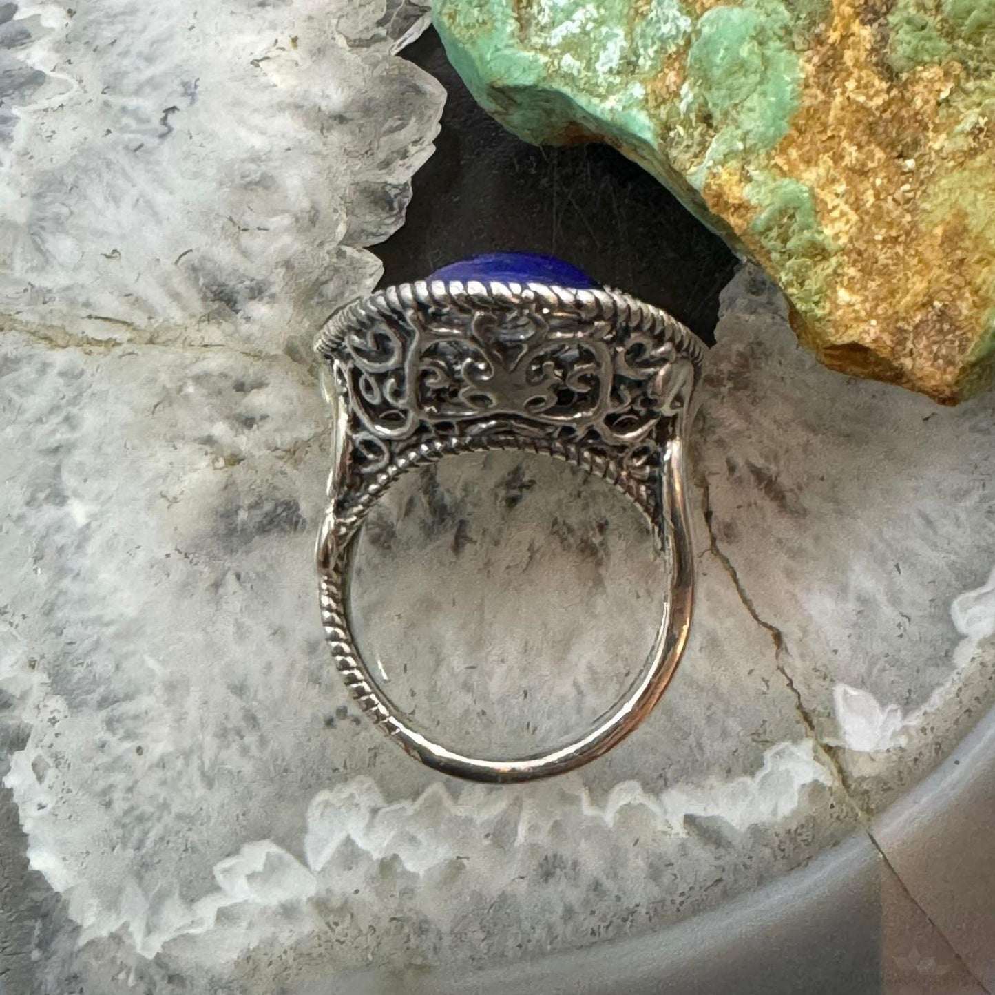 Carolyn Pollack Sterling Silver Oval Lapis Sombrero Style Decorated Size 8 Ring For Women