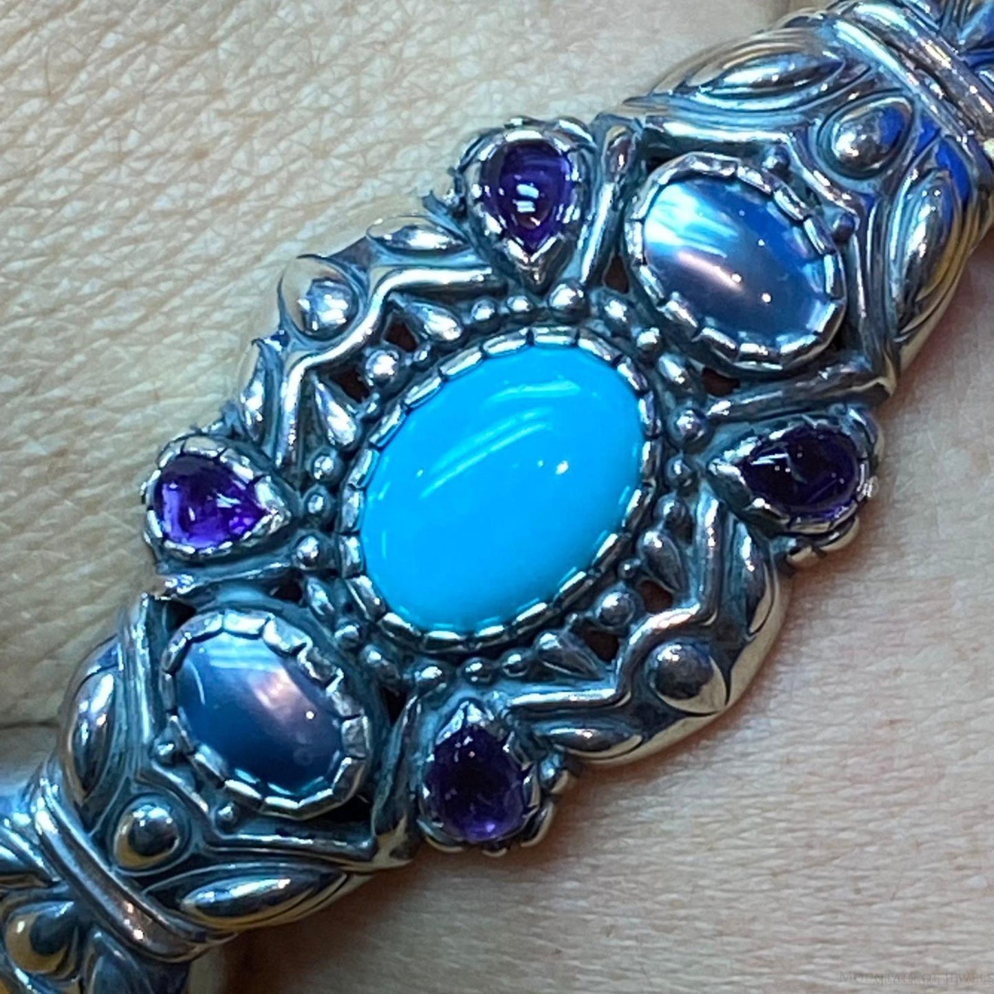 Carolyn Pollack Sterling Silver Multi Gemstone Turquoise Braided Leather Hinge Bracelet