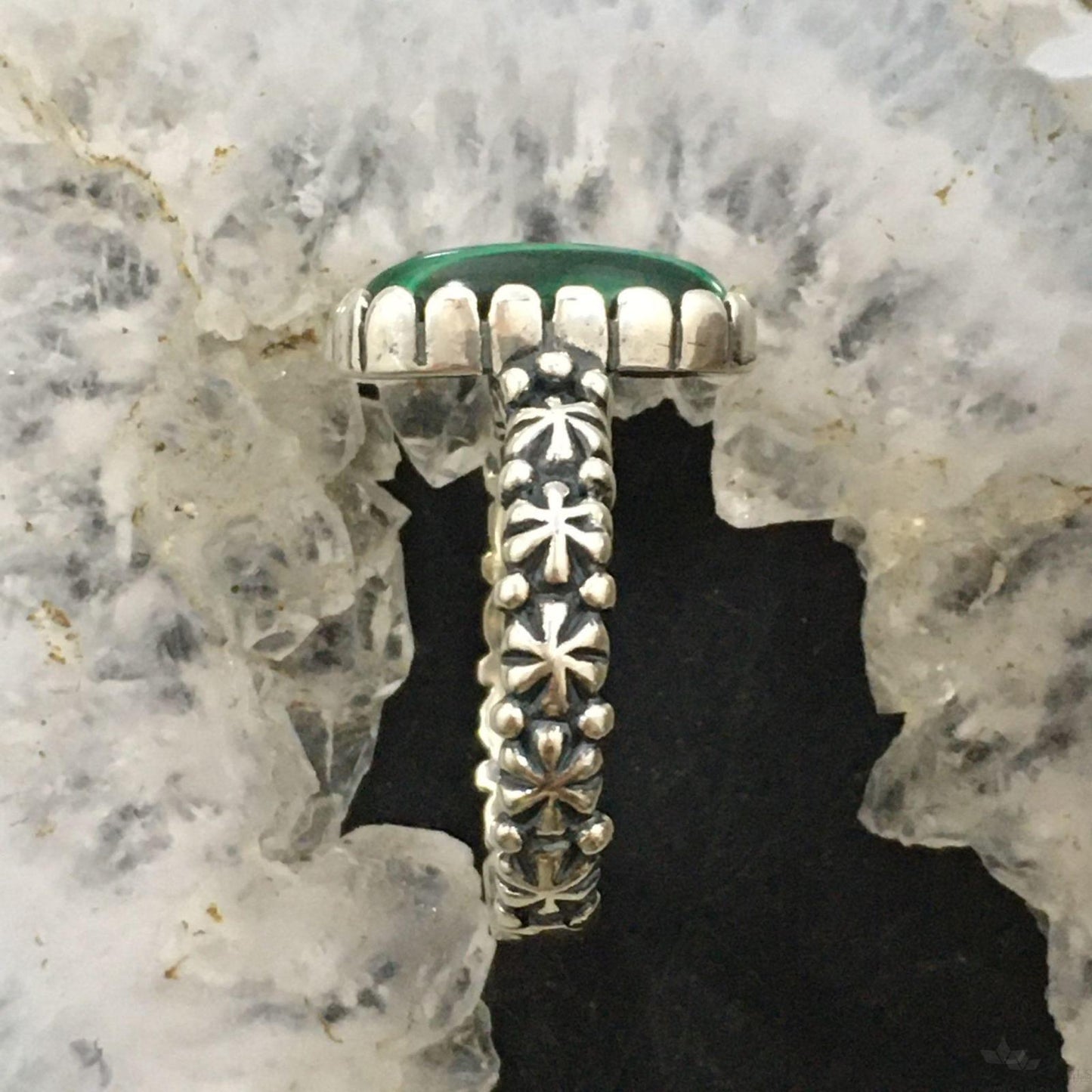 Carolyn Pollack Sterling Silver Elongated Oval Malachite Decorated Ring Size 8 For Women