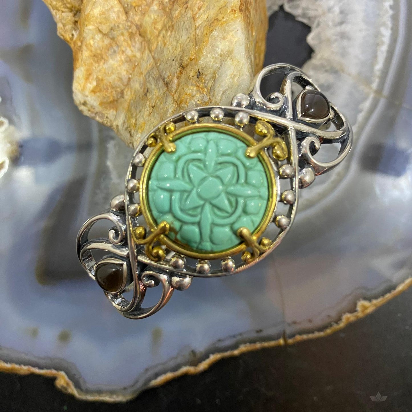Carolyn Pollack Sterling Silver & Brass Green Turquoise/Smoky Quartz Decorated Bracelet For Women