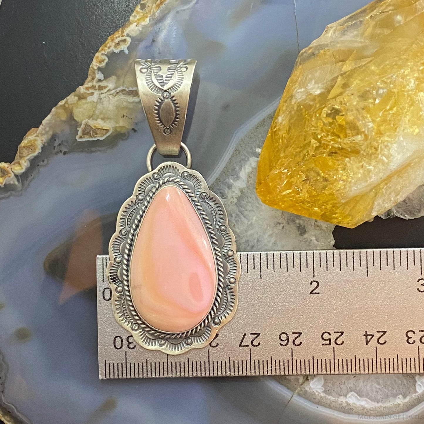 J. Nelson Native American Sterling Silver Large Teardrop Pink Conch Shell Decorated Pendant For Women