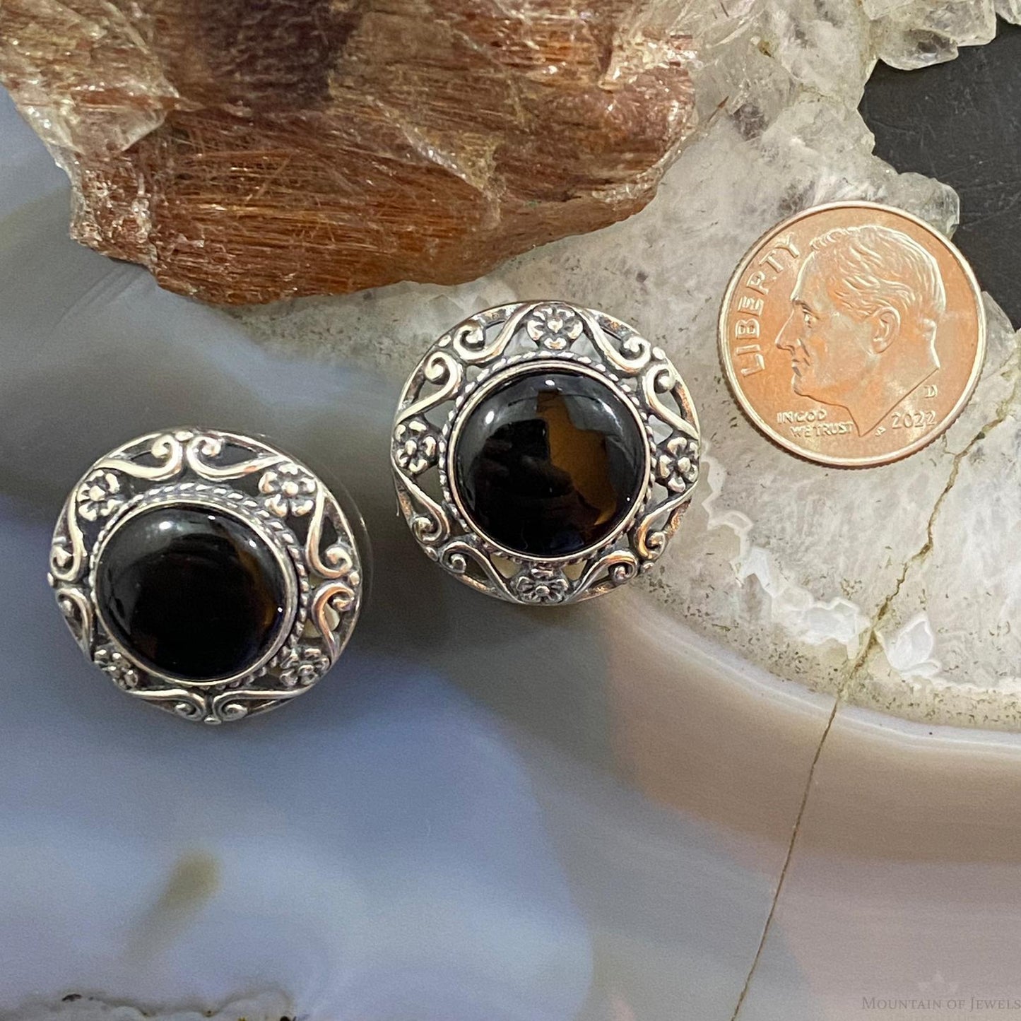 Carolyn Pollack Sterling Silver Round Onyx Decorated Clip-On Earrings For Women