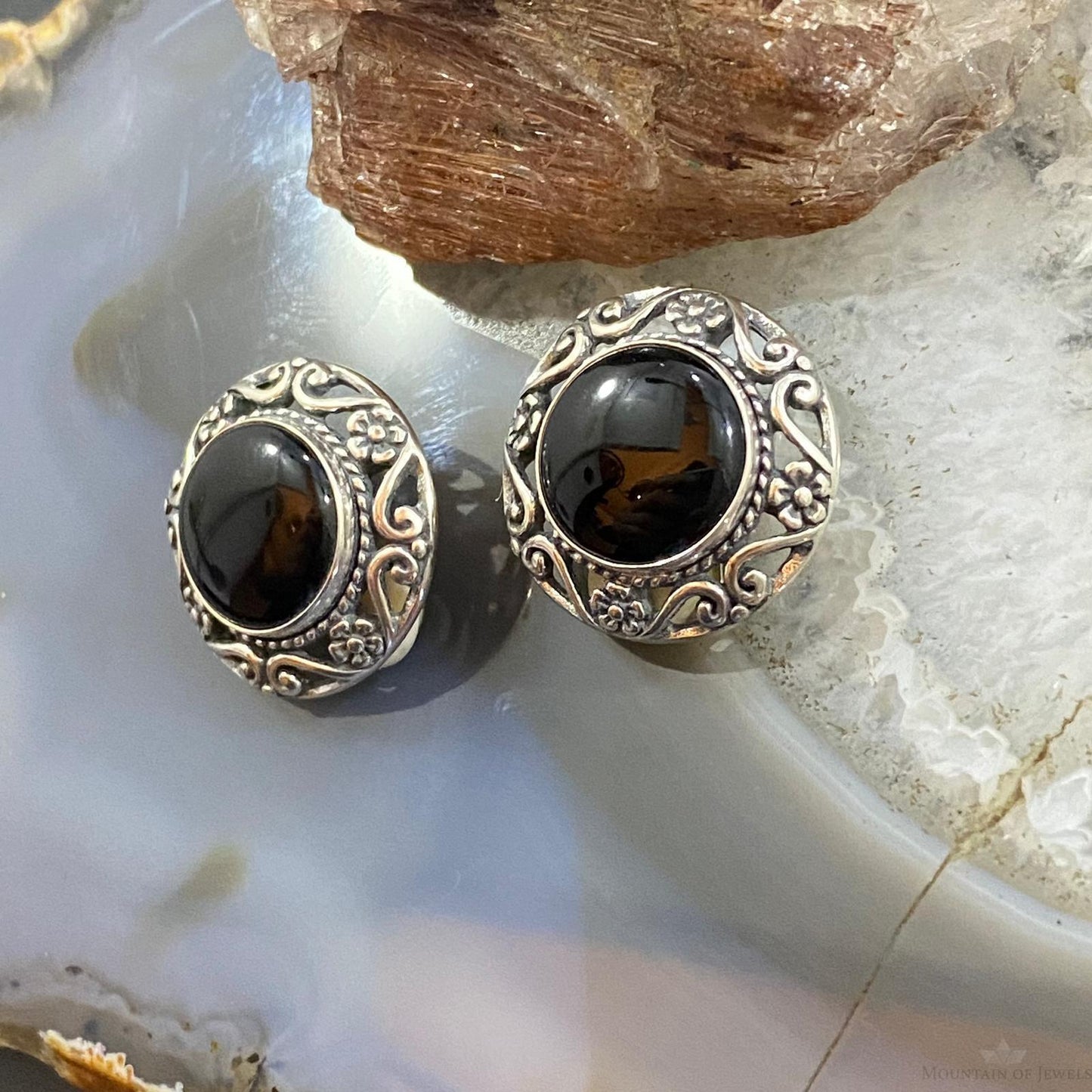 Carolyn Pollack Sterling Silver Round Onyx Decorated Clip-On Earrings For Women