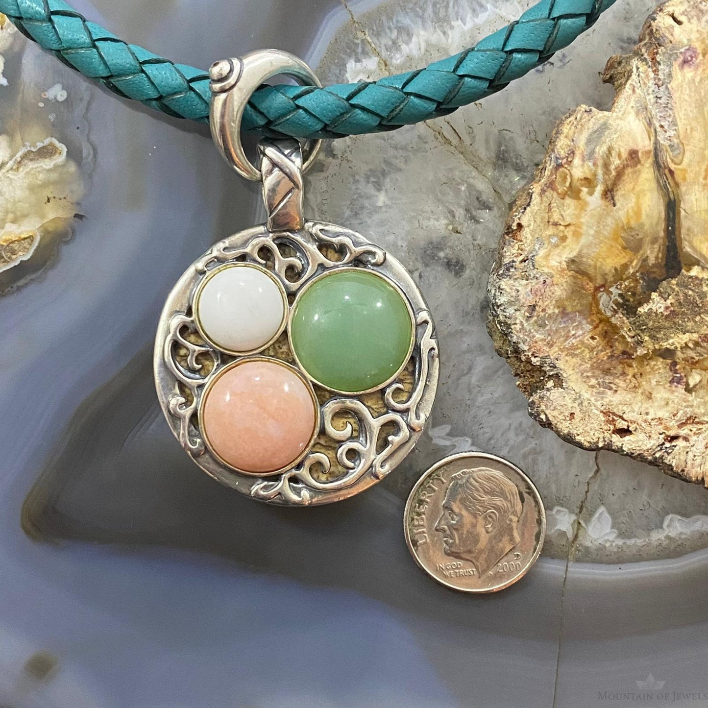 Carolyn Pollack Southwestern Style Sterling Silver Double Sided Round Agate Pendant For Women