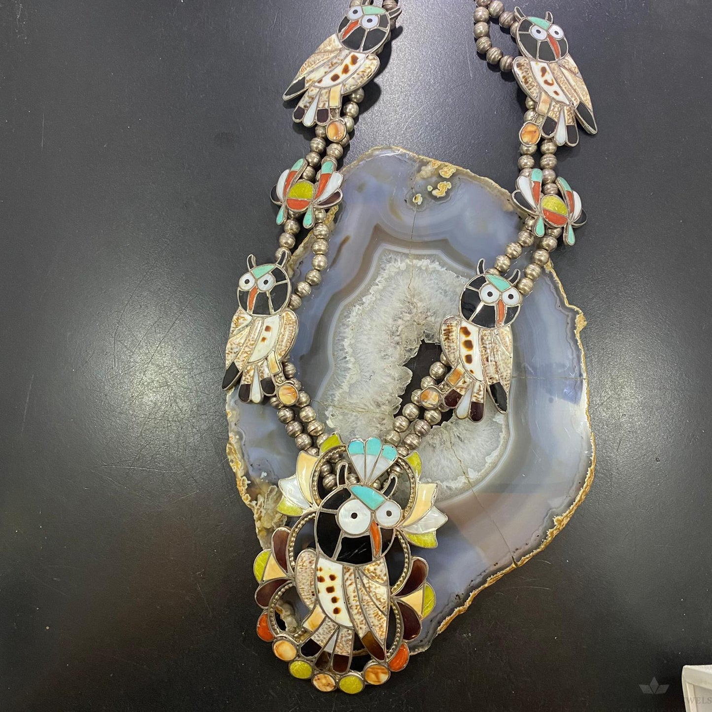 Vintage Native American Silver Bead Multistone Zuni Inlay 5 Owl Necklace