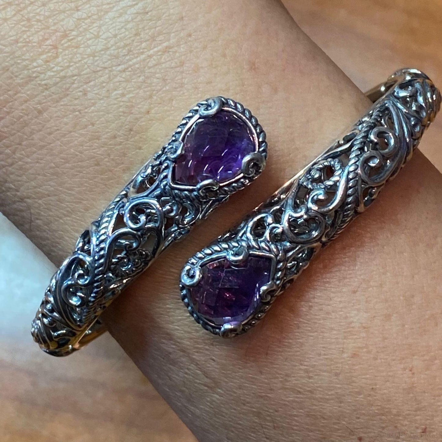 Carolyn Pollack Sterling Silver Amethyst Doublet Overlapping Decorated Hinged Bracelet