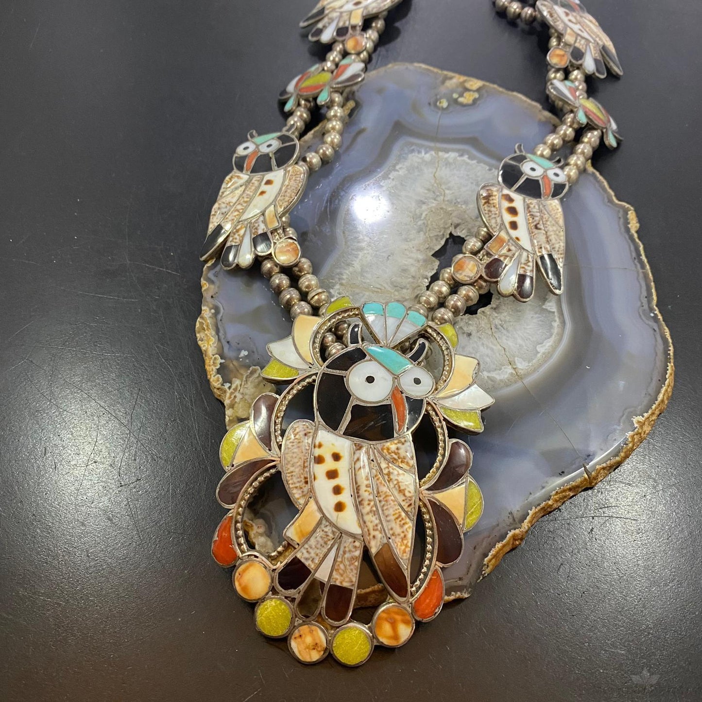 Vintage Native American Silver Bead Multistone Zuni Inlay 5 Owl Necklace