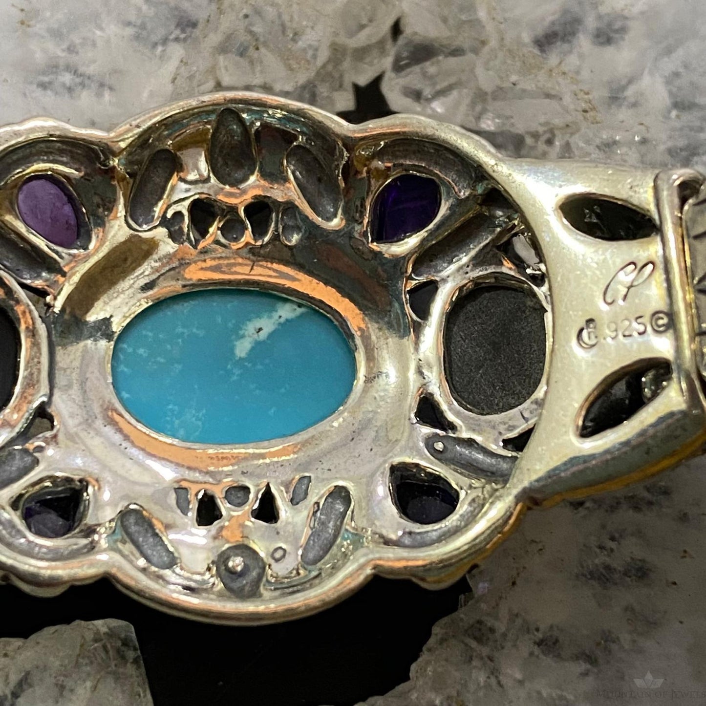 Carolyn Pollack Sterling Silver Multi Gemstone Turquoise Braided Leather Hinge Bracelet