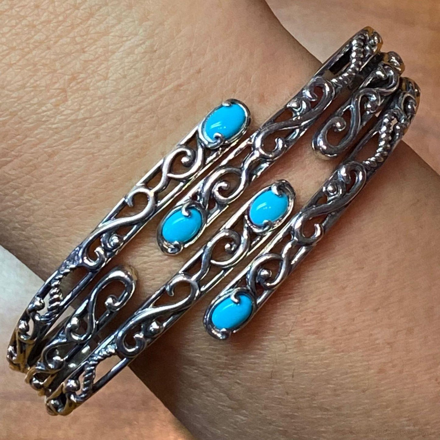 Carolyn Pollack Sterling Silver 4 Sleeping Beauty Turquoise Decorated Hinged Bracelet For Women