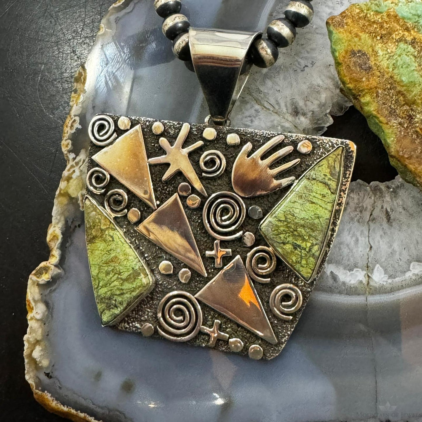 Alex Sanchez Native American Sterling Silver Green Sediment Jasper Rectangle Petroglyph Unisex Pendant