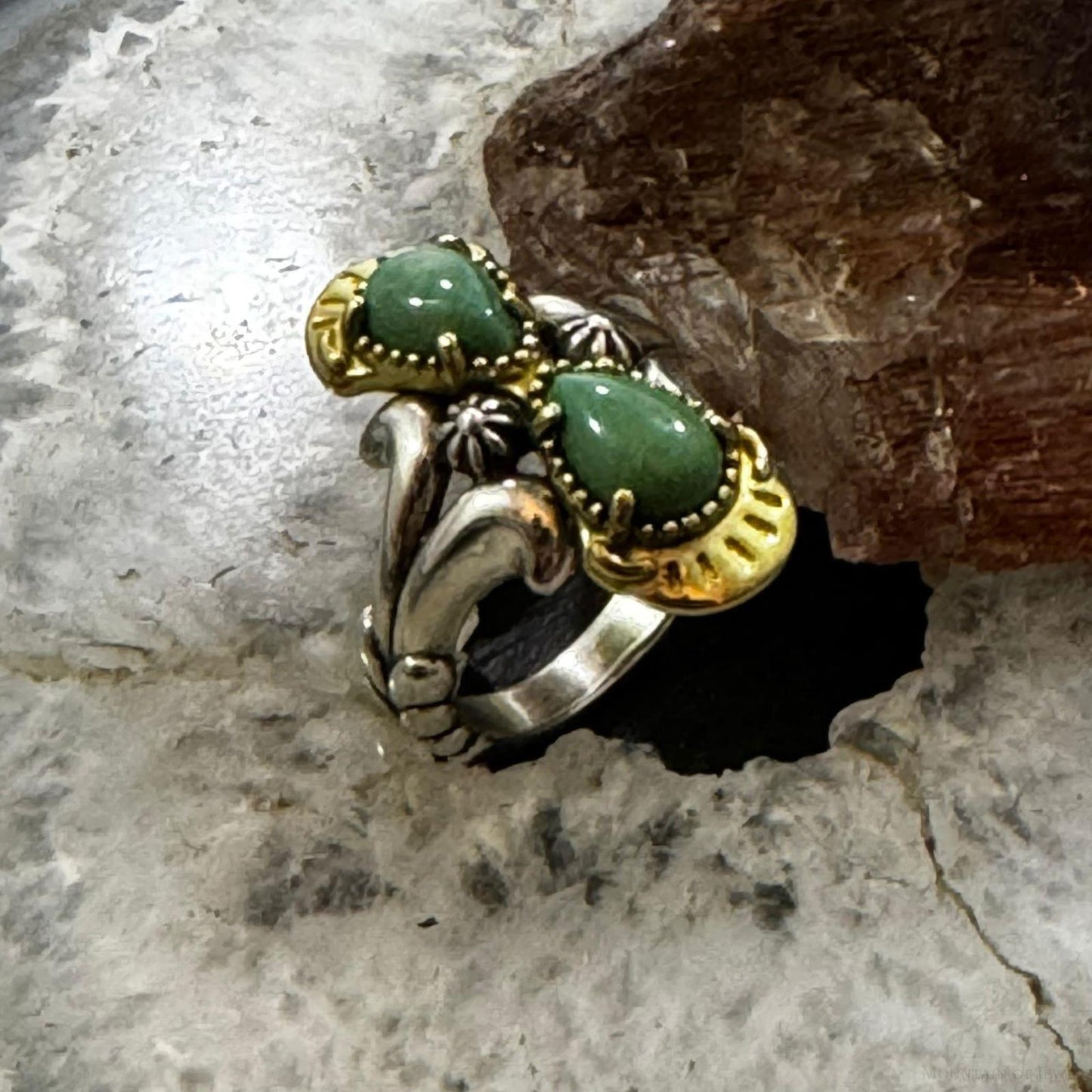 Carolyn Pollack Sterling Silver & Brass 2 Green Turquoise Decorated Ring For Women