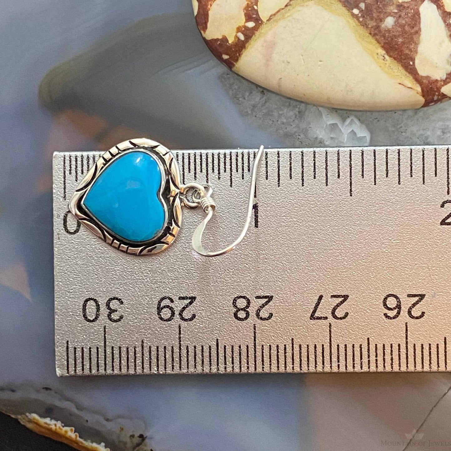 Native American Sterling Silver Kingman Turquoise Heart Dangle Earrings For Women