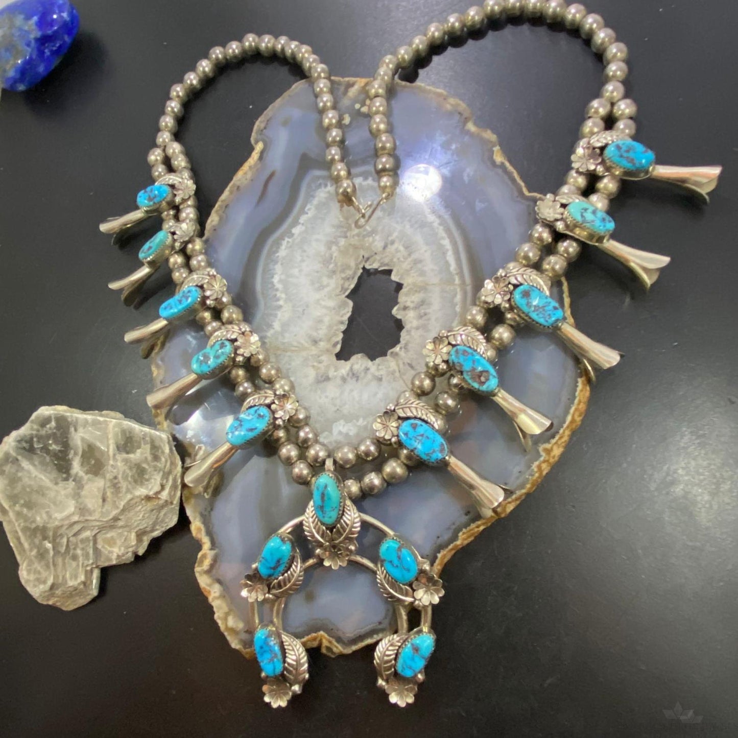 Vintage Native American Silver 15 Kingman Turquoise 28" Squash Blossom Necklace For Women