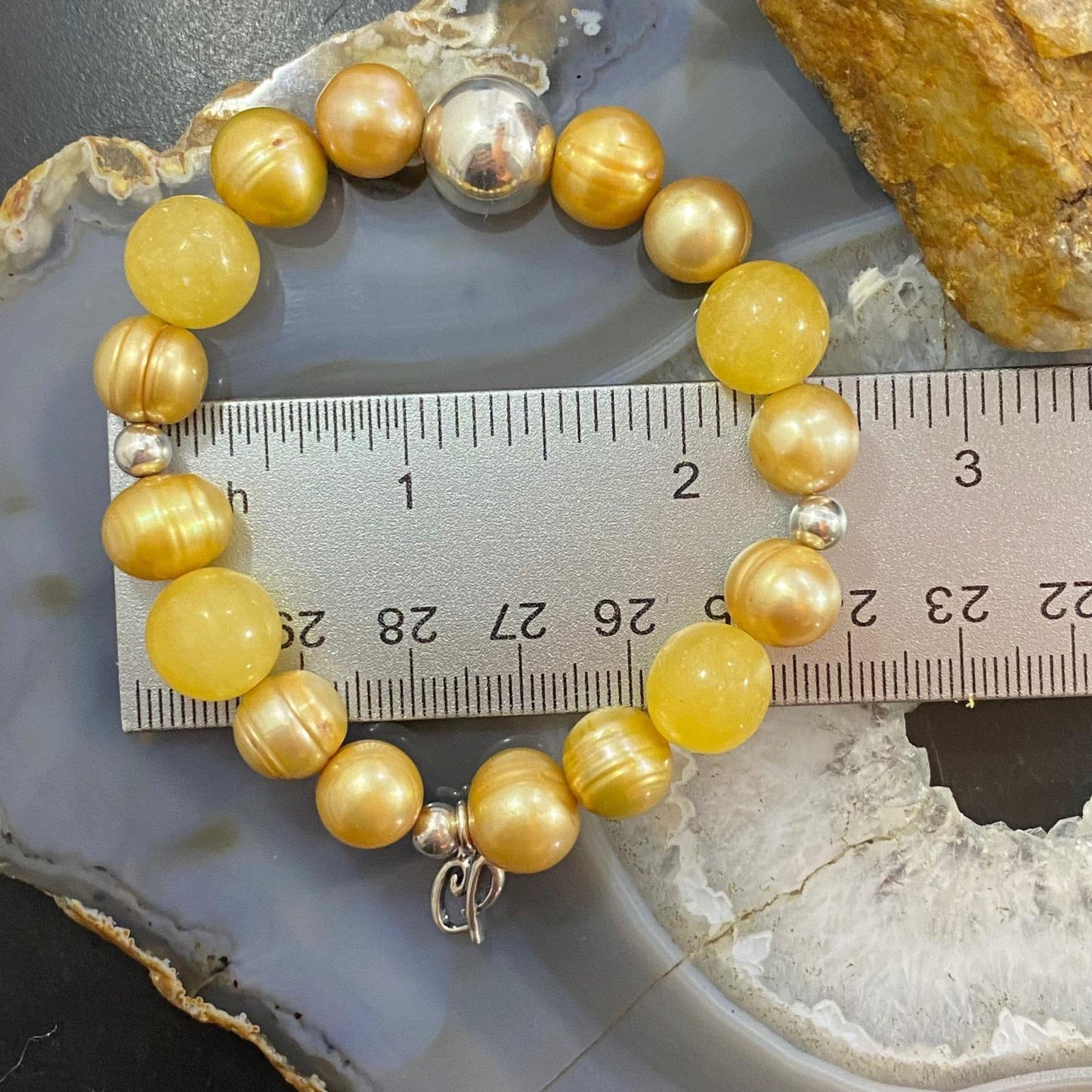 Carolyn Pollack Sterling Silver Yellow Jade & Pearl Bead Stretch Bracelet For Women