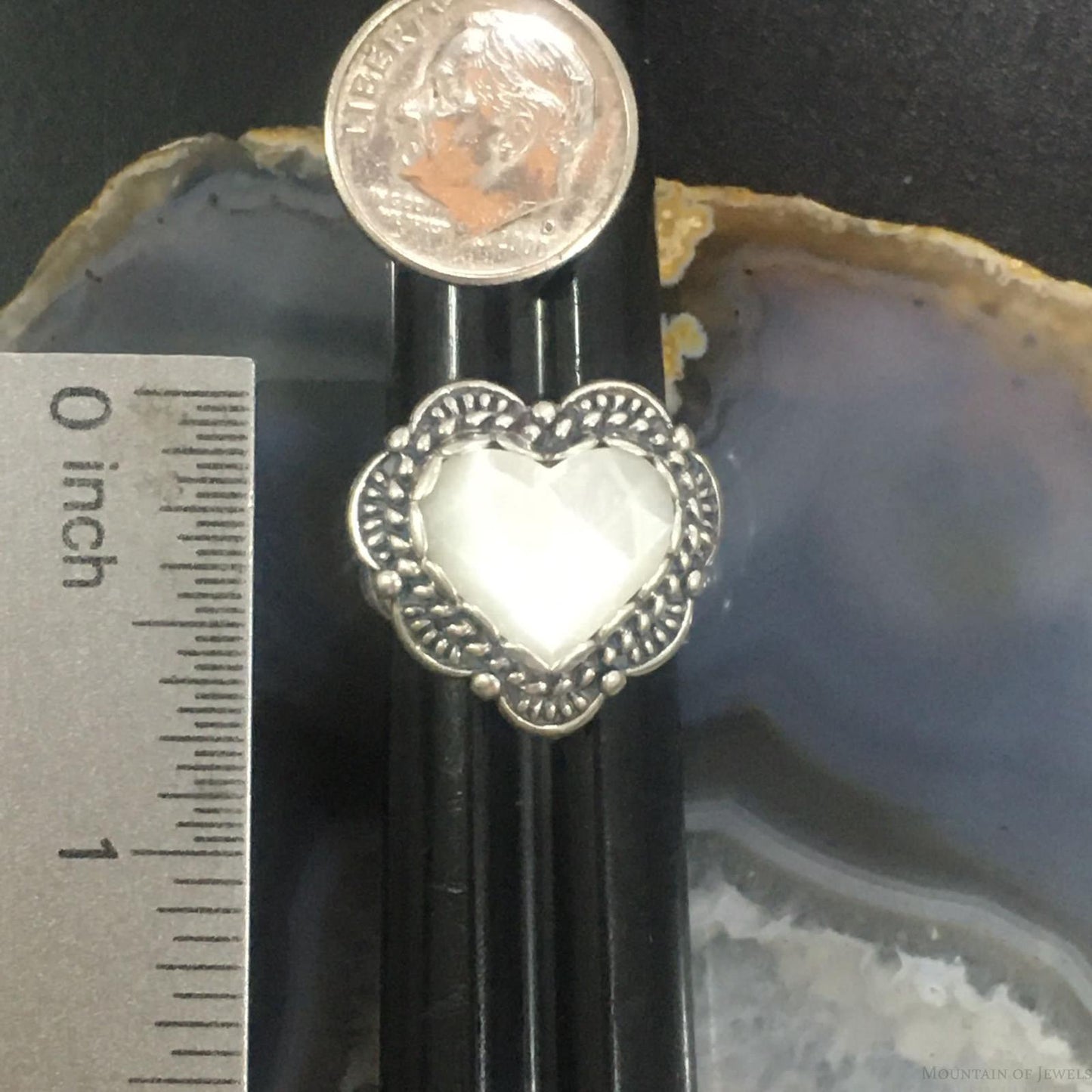 Carolyn Pollack Southwestern Style Sterling Silver Faceted Mother of Pearl Decorated Heart Ring Size 6.5