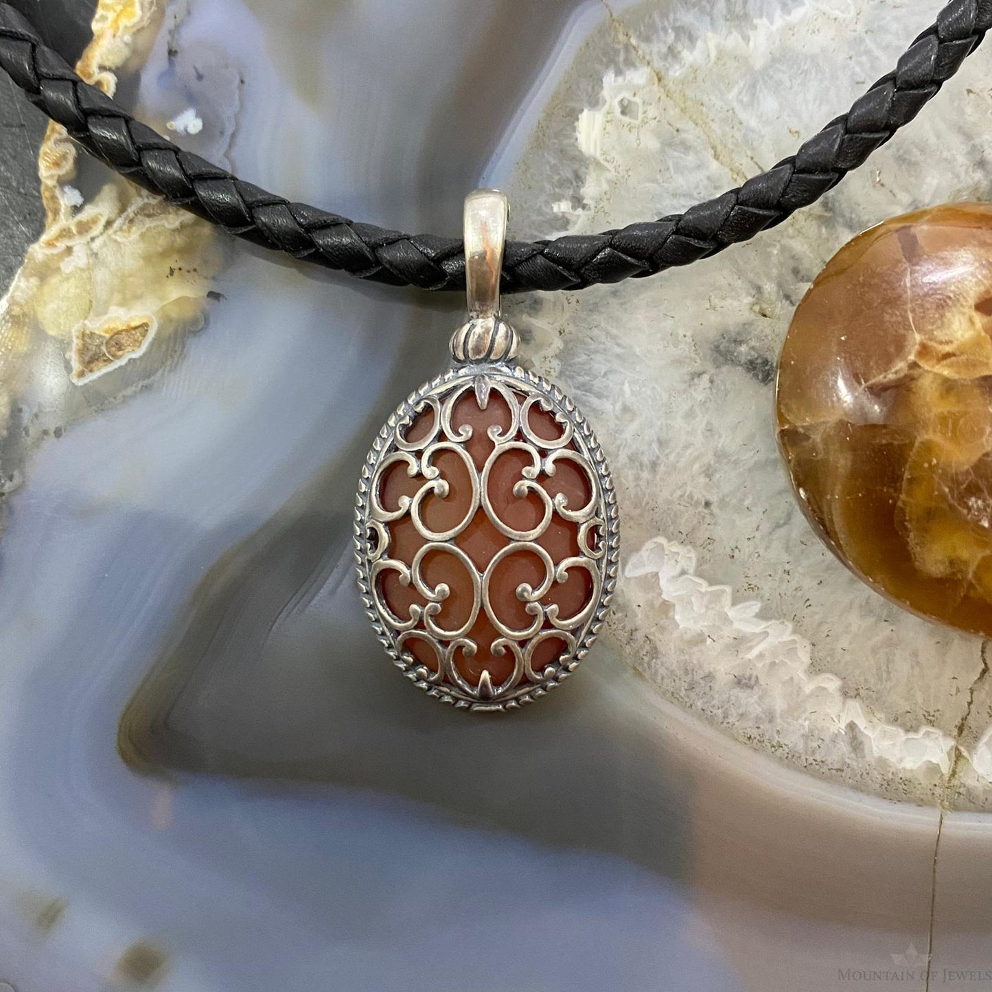 Carolyn Pollack Sterling Silver Oval Frosted Orange Agate Enhancer Pendant For Women