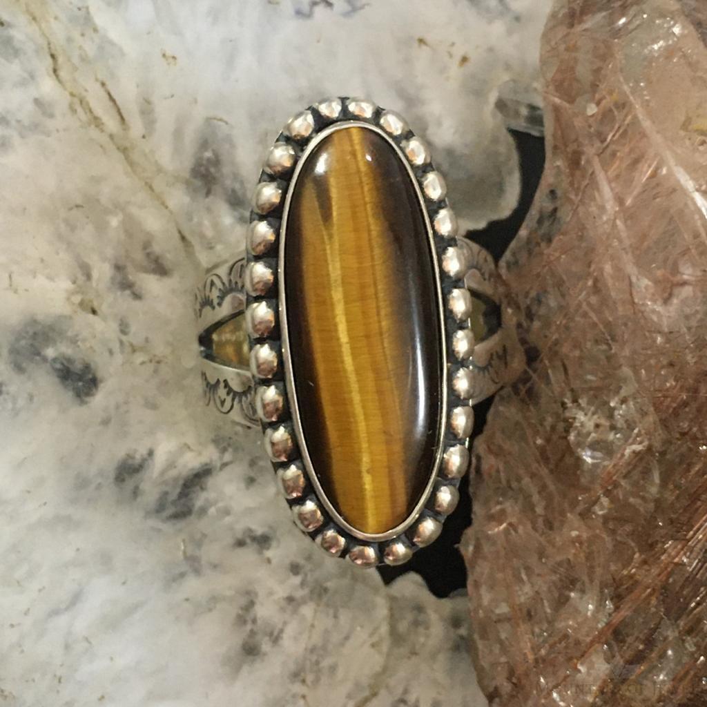 Carolyn Pollack Sterling Silver Elongated Oval Tiger Eye Decorated Ring For Women