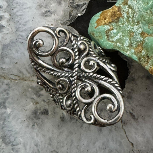 Carolyn Pollack Sterling Silver Elongated Oval Swirly Decorated Ring For Women