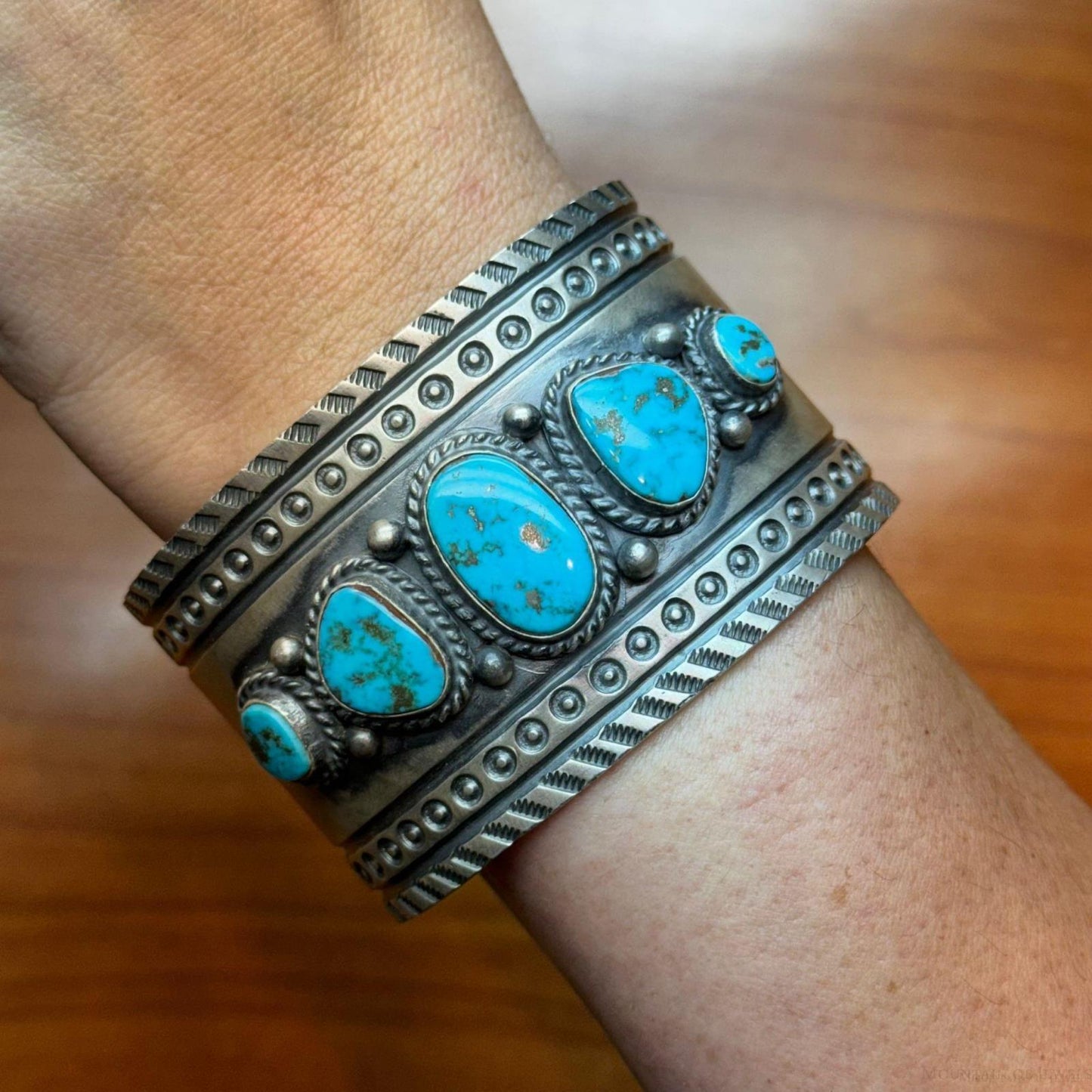 Sterling Silver Native American Turquoise Wide and Heavy Stamped Unisex Bracelet