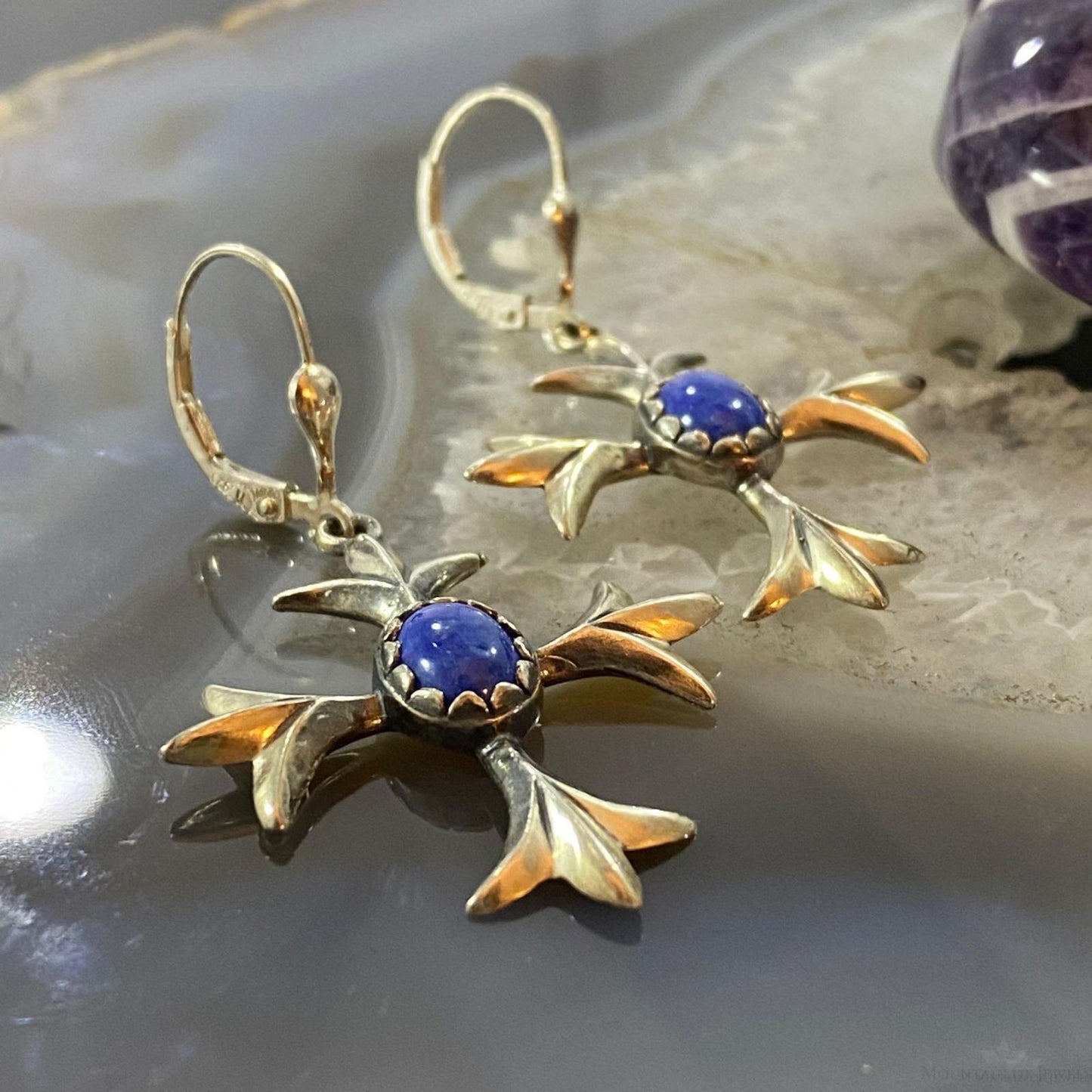 Carolyn Pollack Southwestern Style Sterling Silver Lapis Squash Blossom Dangle Earrings For Women