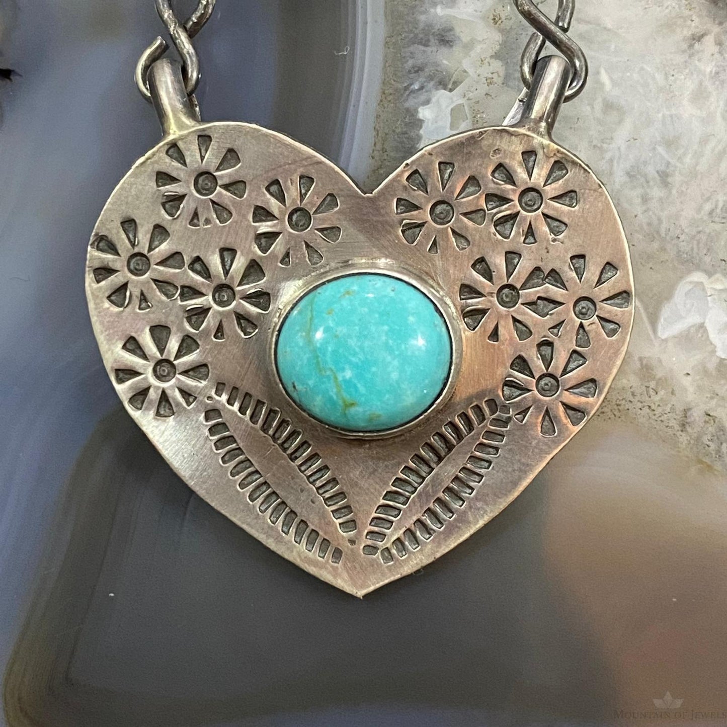 Marie Tsosie Native American Sterling Silver Oval Kingman Turquoise Stamped Heart Necklace For Women
