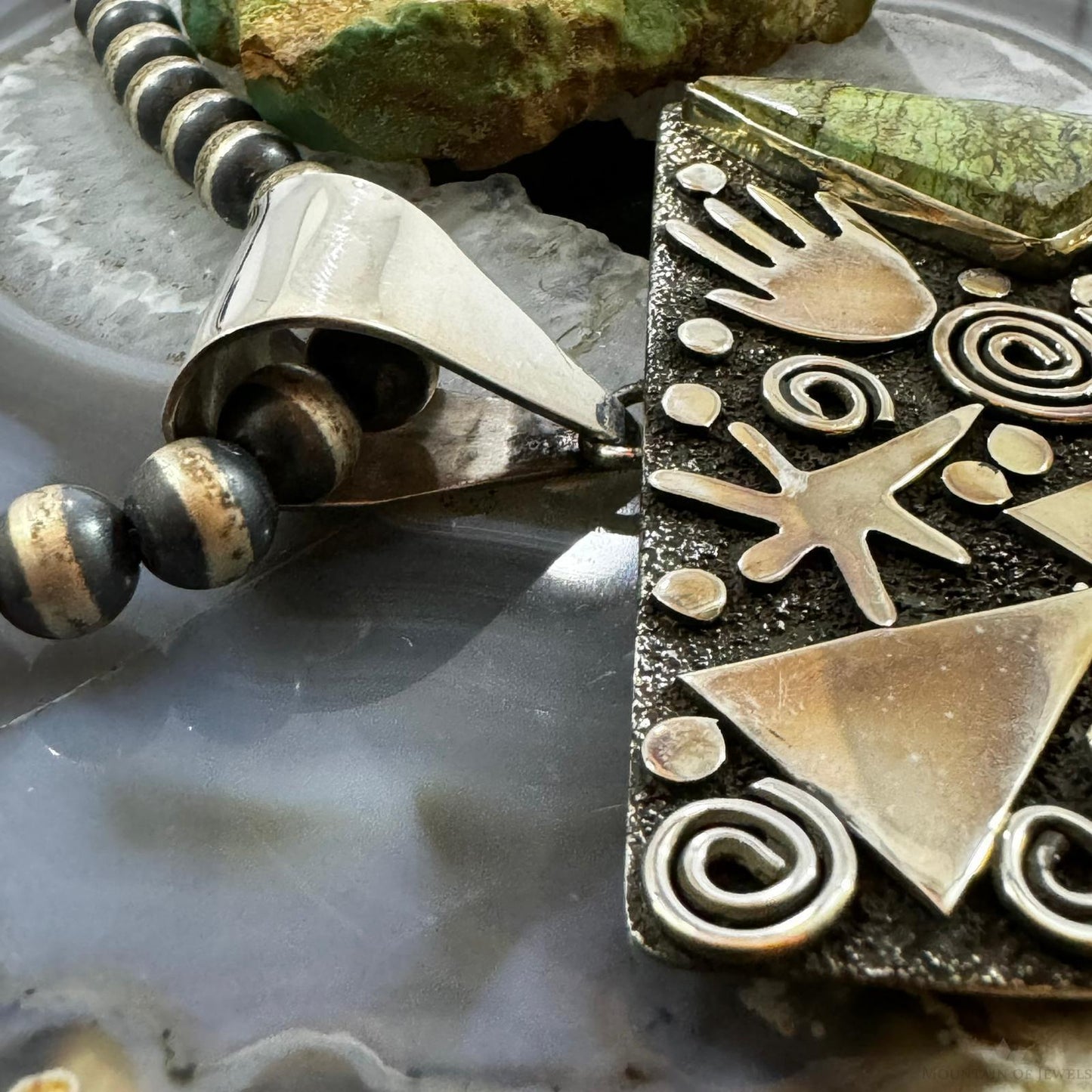 Alex Sanchez Native American Sterling Silver Green Sediment Jasper Rectangle Petroglyph Unisex Pendant