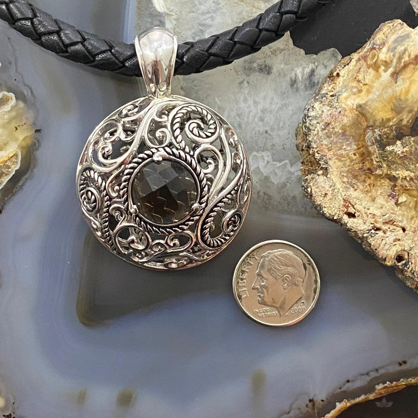 Carolyn Pollack Southwestern Style Sterling Silver Round Smoky Quartz Enhancer Pendant For Women
