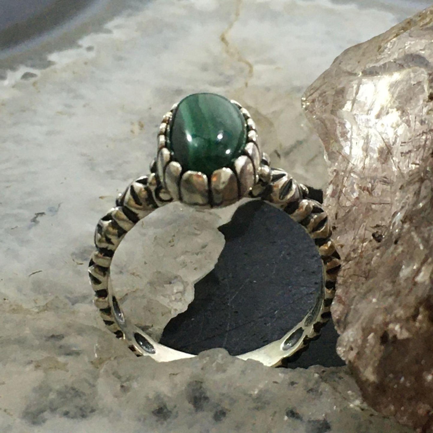Carolyn Pollack Sterling Silver Elongated Oval Malachite Decorated Ring Size 8 For Women