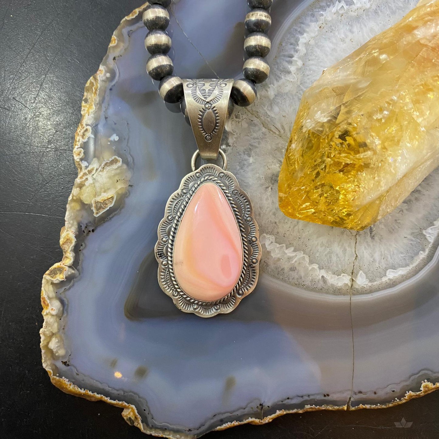 J. Nelson Native American Sterling Silver Large Teardrop Pink Conch Shell Decorated Pendant For Women