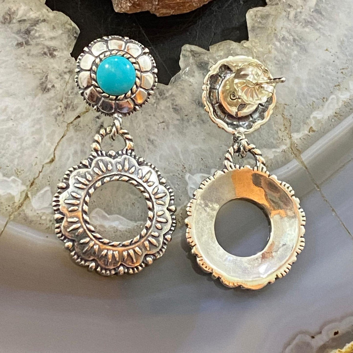 Carolyn Pollack Sterling Silver Round Turquoise Double Flower Dangle Earrings For Women
