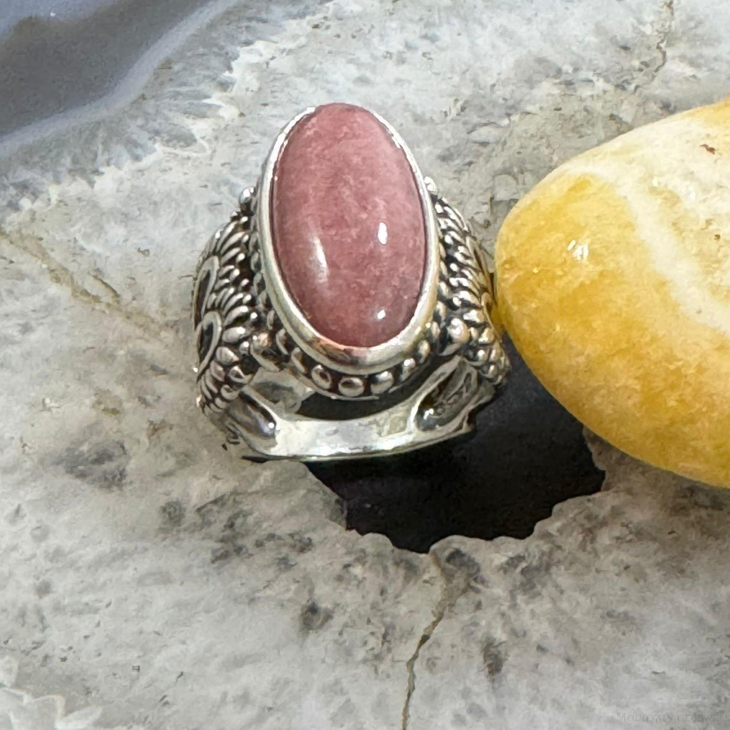 Carolyn Pollack Sterling Silver Elongated Oval Rhodochrosite Decorated Hearts Ring For Women
