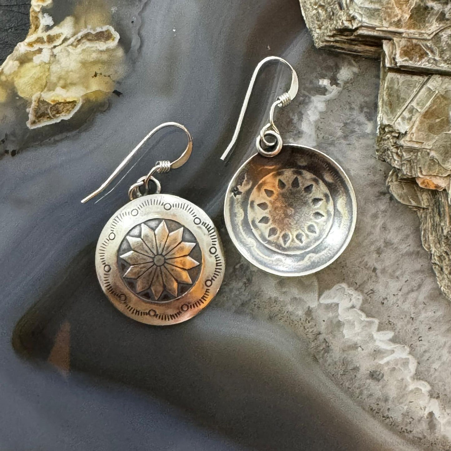 Native American Sterling Silver Stamped Flower Concho Dangle Earrings For Women