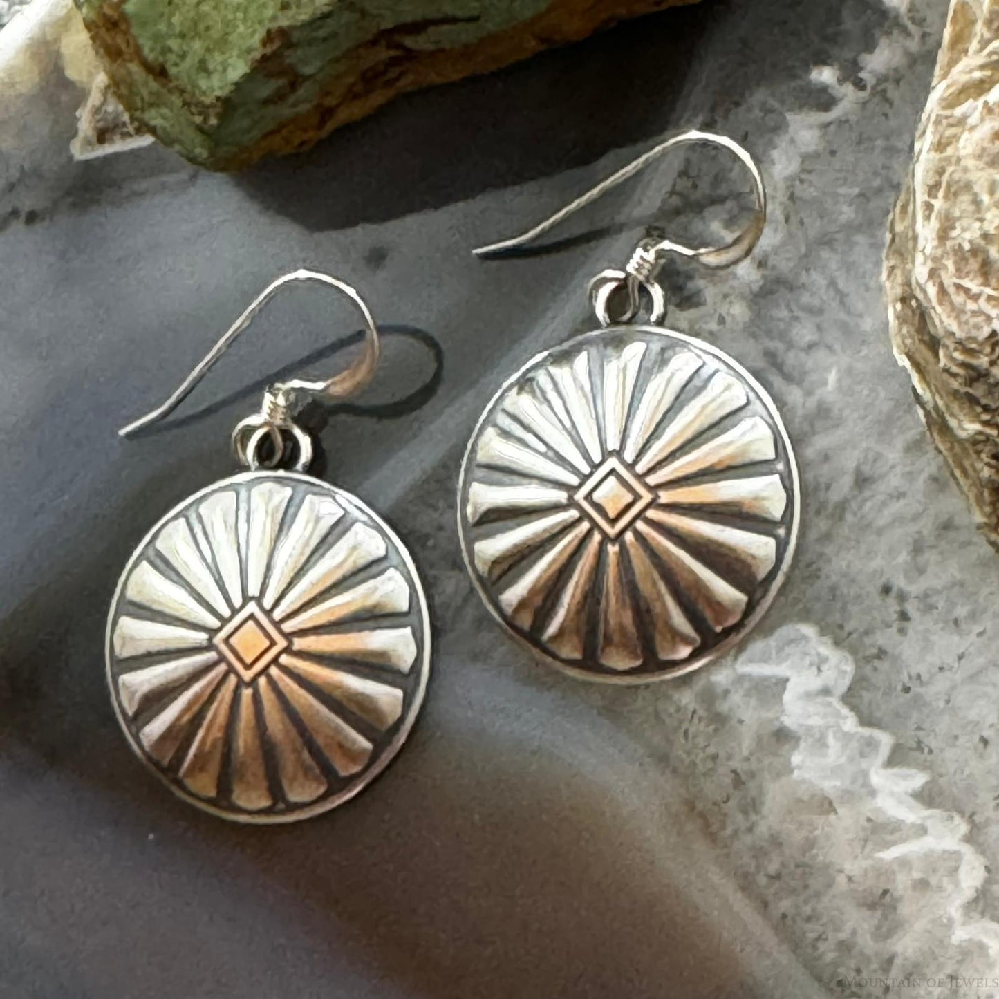 Native American Sterling Silver Sunburst Round Concho Stamped Dangle Earrings For Women