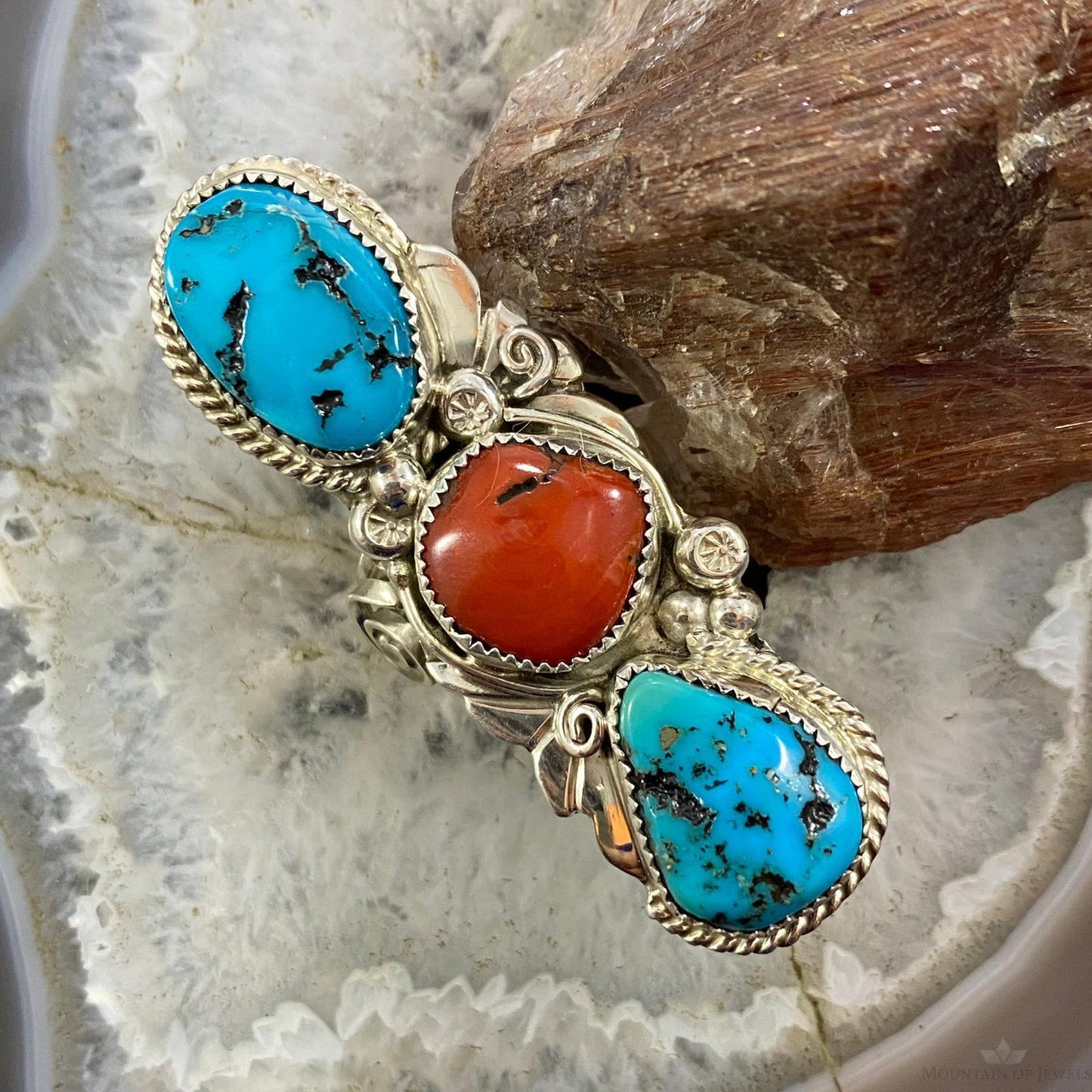 Silver Ray Native American Sterling Silver Elongated Turquoise & Coral Ring Size 6.5 For Women